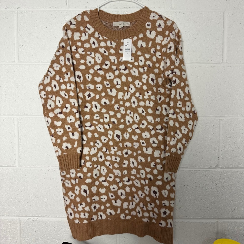LOFT Leopard Print Sweater Dress Mini‎ Long Sleeve Crew Neck Women Size S